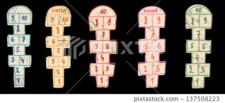 Hopscotch games chalk drawn set isolated on dark chalkboard background. Children playground outdoor entertainment on street road. Vector colorful wax crayon kids element handwritten illustration 137508223