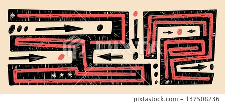 Abstract geometric pattern. Red black crayon drawn set. Maze naive scribble background. labyrinth tribal ornament decorative backdrop. Naive chalk pastel rectangles figures. Vector bg horizontal Abstract geometric pattern. Red black crayon drawn set. Maze naive scribble background. labyrinth tribal ornament decorative backdrop. Naive chalk pastel rectangles figures. Vector bg horizontal 137508236