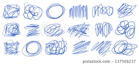 Hand-drawn random blue pen abstract scribbles. Doodles expressive scratches set for dairy note. Chaotic lines, circles, spontaneously scrawl. Vector childish pencil brush scratches isolated Hand-drawn random blue pen abstract scribbles. Doodles expressive scratches set for dairy note. Chaotic lines, circles, spontaneously scrawl. Vector childish pencil brush scratches isolated 137508237