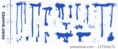 Blue paint spray, splodge and drip set on grid paper background with ink stains. School splotch spray with dirty blobs, runny streaks and dot element. Distressed vector set for art journal stationery Blue paint spray, splodge and drip set on grid paper background with ink stains. School splotch spray with dirty blobs, runny streaks and dot element. Distressed vector set for art journal stationery 137508272