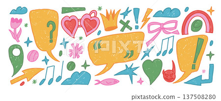 Colorful funky crayon speech bubbles. Hand drawn talk text boxes frames with scribbles set. Funky crayon chalk clouds, callout shapes. Kids chat frames. Crown, exclamation marks, star, arrow isolated 137508280