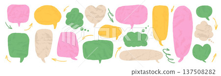 Colourful crumpled paper chat bubbles with irregular torn surfaces. Textured speech balloon stickers perfect for comic dialogue, notebook collage, and creative message. Vector kids cloud, heart shapes Colourful crumpled paper chat bubbles with irregular torn surfaces. Textured speech balloon stickers perfect for comic dialogue, notebook collage, and creative message. Vector kids cloud, heart shapes 137508282