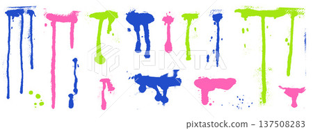 Spray paint drip set in neon blue, pink and green. Colorful paint spray drips with glow drop texture and ink elements. Urban vector collection for gaming event and social post isolated on white bg Spray paint drip set in neon blue, pink and green. Colorful paint spray drips with glow drop texture and ink elements. Urban vector collection for gaming event and social post isolated on white bg 137508283