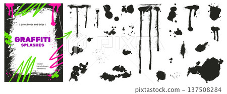 Spray drip and grunge paint splatter with black ink blob and splotch. Graffiti splash and splodge stain set for street art poster. Isolated urban vector pack with dot and smudge for grunge design 137508284