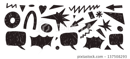 Charcoal geometric shapes with speech bubbles. Black marker naive bang and promo text boxes. Hand drawn abstract elements with textured brush strokes. Childish vector doodle figures isolated no bg Charcoal geometric shapes with speech bubbles. Black marker naive bang and promo text boxes. Hand drawn abstract elements with textured brush strokes. Childish vector doodle figures isolated no bg 137508293