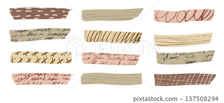 Vintage colors washi tape collection with decorative paper strips, sticky masking elements, and vintage scrapbook stickers for creative craft projects and journal decoration. Vector set 137508294