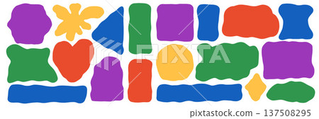 Organic irregular forms geometric shapes. Wavy rectangle, square frames with heart, blob for text. Arc, triangles box and curvy blot. Flat geometric set with oval, quote block and uneven sticker bg 137508295