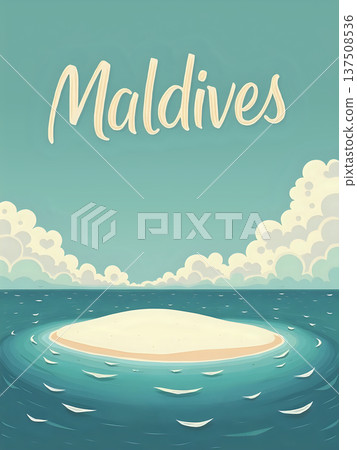 A small sandy island sits in clear blue water. Light waves move gently around the island. Clouds are visible in the sky above. The scene shows a relaxing coastal setting in Maldives. 137508536