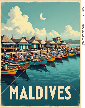 Boats are lined up in a harbor in Maldives. People are working on the boats. Buildings and clouds provide a scenic backdrop. The sky is bright with a crescent moon visible. 137508539