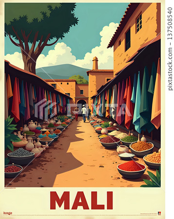 Two people walk through a market in Mali surrounded by colorful fabrics and various goods. The sun shines on stalls that display pottery, spices, and local items. Two people walk through a market in Mali surrounded by colorful fabrics and various goods. The sun shines on stalls that display pottery, spices, and local items. 137508540