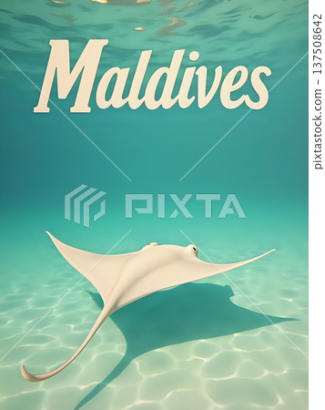 A ray swims slowly in the clear blue water of the Maldives. Sunlight shines through the surface creating patterns on the sand below. 137508642