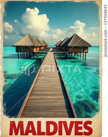 Water bungalows stand on stilts in the clear blue water of Maldives. A wooden walkway connects them. Clouds drift in the sky above. Bright sunlight shines on the scene. 137508643
