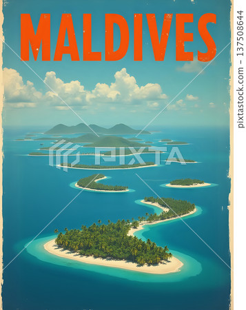 A group of small islands with green trees and white sandy beaches is surrounded by blue water under a clear sky. Sunlight reflects on the surface as waves gently lap at the shore. 137508644