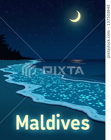 The scene shows the coastline of Maldives at night. The beach is lit by glowing water under a bright moon and stars. Palm trees line the shore in the background. 137508648
