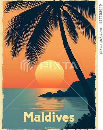 A sunset casts an orange glow over the water in Maldives. Palm trees frame the view while a mountain silhouette adds depth. The scene shows calm waters reflecting the colors of the sky. 137508649