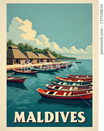 Traditional wooden boats are lined up in clear water near a resort in the Maldives. The sky is blue with fluffy clouds, and palm trees are seen in the background. The scene looks inviting and bright. 137508650