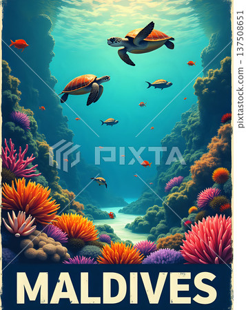 Two sea turtles swim through a clear blue water scene in the Maldives. Vibrant coral reefs and schools of fish surround them. The underwater world shows rich marine life in a natural habitat. Two sea turtles swim through a clear blue water scene in the Maldives. Vibrant coral reefs and schools of fish surround them. The underwater world shows rich marine life in a natural habitat. 137508651