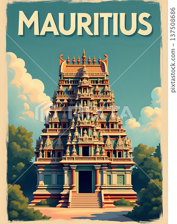 People explore a tall, elaborate temple in Mauritius. The structure features many tiers and intricate carvings. Bright colors and clear skies enhance the view, making it a great spot for visitors. 137508686