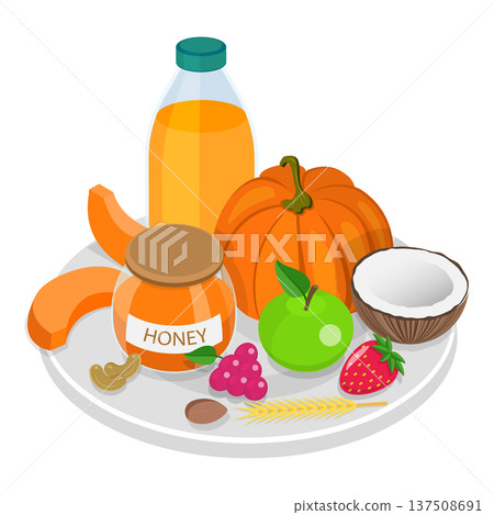 3D Isometric Flat Vector Set of Vegetarian Food Plates, Organic Grocery Products. Item 6 3D Isometric Flat Vector Set of Vegetarian Food Plates, Organic Grocery Products. Item 6 137508691