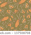 Sea Buckthorn Seamless Pattern. Orange Berries and Leaves on Dark Green Background. Botanical Branch Repeat Print for Eco-Packaging. Vector illustration. Color hand-drawn Square template 137508708