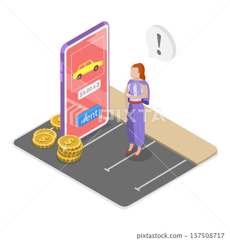3D Isometric Flat Vector Illustration of Renting a Car Using a Mobile Application, Rideshare Company Services. Item 1 137508717