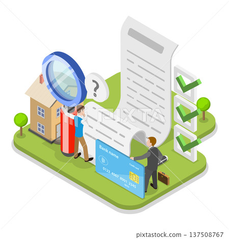 3D Isometric Flat Vector Illustration of Home Loan Agent Checking Credit History, Mortgage Broker Services. Item 3 137508767