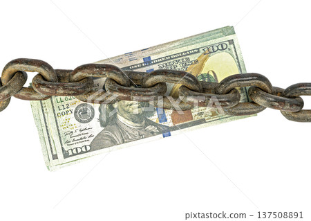Heavy Rusty Chain Infused With Tension Restricting Fundamentals of Financial Wealth and Monetary  isolated on whiteFreedom 137508891
