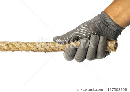 Strongly Gripped Heavy Duty Textured Rope Held by a Protective Gloved Hand for Safe Handling and Laborious Tasks Strongly Gripped Heavy Duty Textured Rope Held by a Protective Gloved Hand for Safe Handling and Laborious Tasks 137508896