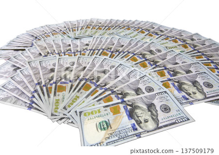 Hundred dollar bills spread in a fan shape on white background Hundred dollar bills spread in a fan shape on white background 137509179