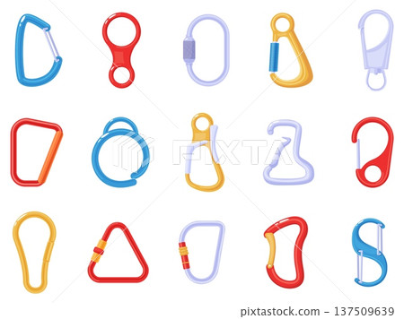 Carabiner climbing. Hook climber, plastic metal clasps for protection and safety. Accessory carabiners for backpack, bags, tools for handmade, nowaday vector set Carabiner climbing. Hook climber, plastic metal clasps for protection and safety. Accessory carabiners for backpack, bags, tools for handmade, nowaday vector set 137509639