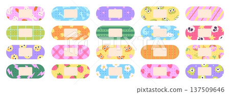 Cartoon children adhesive plaster. Medical plasters with different funny prints. First aid elements, adhesive sterile bandages. Adorable stickers, racy vector clipart 137509646
