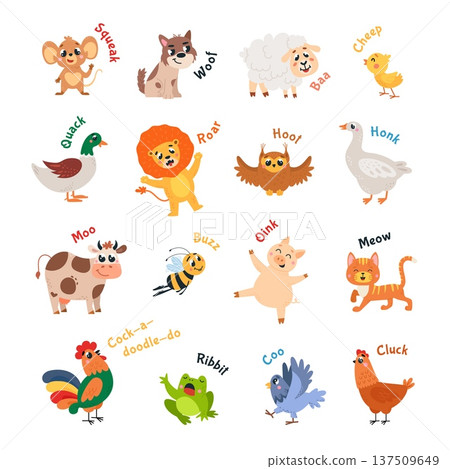Animal sounds. What sound making animals, poster with cartoon cute characters for children. Cow, lion, pid, frog, chicken and pigeon, goose and god, classy vector banner 137509649