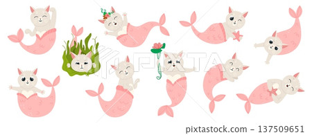 Funny cat mermaids. Underwater fantasy animal, kitten with mermaid tail different poses. Childish cartoon mascot, magic fairytale creature, classy vector set Funny cat mermaids. Underwater fantasy animal, kitten with mermaid tail different poses. Childish cartoon mascot, magic fairytale creature, classy vector set 137509651
