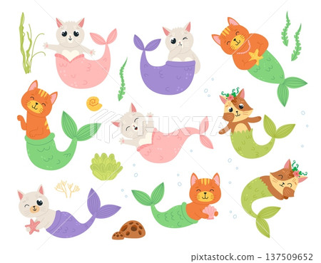 Cat mermaid. Kitten with mermaids tails and seaweed. Funny childish creatures, fairytale underwater animals. Isolated cartoon characters, classy vector clipart Cat mermaid. Kitten with mermaids tails and seaweed. Funny childish creatures, fairytale underwater animals. Isolated cartoon characters, classy vector clipart 137509652