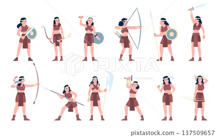 Cartoon amazon girls. Female warriors with bow and arrows. Amazonian girl, women using swords, axes, spears for tribal safety, recent vector characters Cartoon amazon girls. Female warriors with bow and arrows. Amazonian girl, women using swords, axes, spears for tribal safety, recent vector characters 137509657