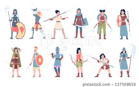 Girl warriors. Female warrior hold bow, sword, axe. Woman in armor and helmets from greek, roman, asian, scandinavian myths, tribal defenders, recent vector characters Girl warriors. Female warrior hold bow, sword, axe. Woman in armor and helmets from greek, roman, asian, scandinavian myths, tribal defenders, recent vector characters 137509658
