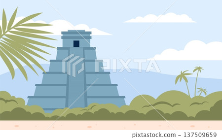 Maya pyramid. Flat ancient architecture element of aztec tribal. Old century civilization monument, mayas tribals culture. Historical flat style recent vector background Maya pyramid. Flat ancient architecture element of aztec tribal. Old century civilization monument, mayas tribals culture. Historical flat style recent vector background 137509659