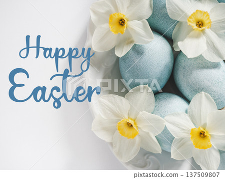 Happy Easter. Pastel blue Easter eggs and congratulatory text 137509807