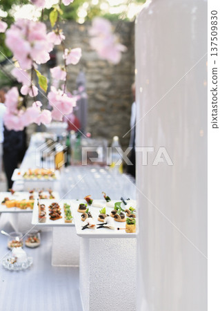 Gourmet canapes displayed on the white pedestals beneath pink blossom centerpiece 137509830