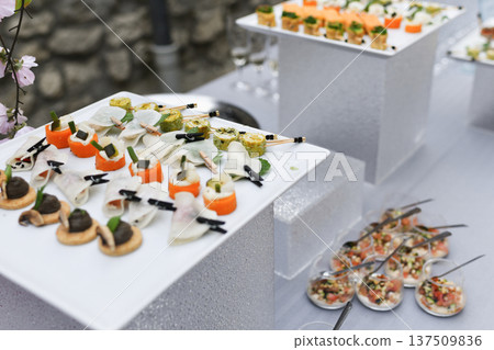 Gourmet wedding canapes displayed on elevated white trays outdoors reception Gourmet wedding canapes displayed on elevated white trays outdoors reception 137509836