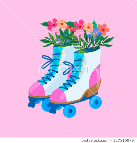 Colorful roller skates filled with vibrant flowers against a pink background for creative design Colorful roller skates filled with vibrant flowers against a pink background for creative design 137510079