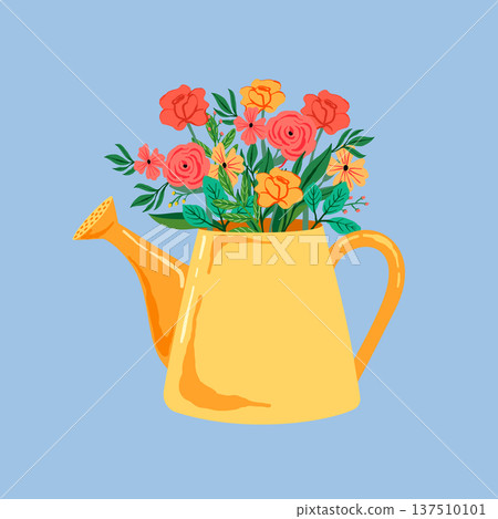 Yellow watering can filled with colorful flowers on blue background, decorative floral arrangement 137510101
