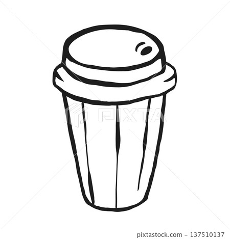Hand drawn whimsical coffee cup illustration with lid and ribbed design, isolated on white background 137510137