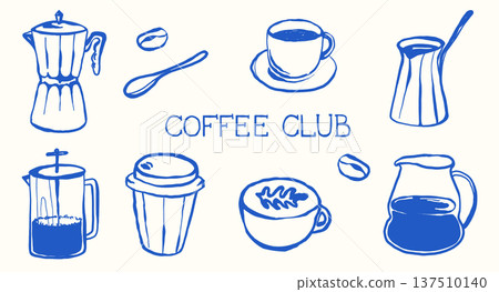 Coffee club illustration featuring various coffee-making tools and beverages in blue outline style Coffee club illustration featuring various coffee-making tools and beverages in blue outline style 137510140