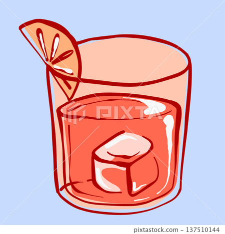 Illustration of a cocktail glass with ice and a lemon slice on a light blue background Illustration of a cocktail glass with ice and a lemon slice on a light blue background 137510144