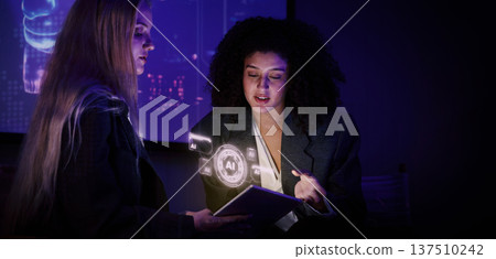 Ai using. Business team using technology artificial intelligence with digital Ai assistant. Futuristic innovation AI technology collab and biz ideas for future work. Business AiTech Startup meeting. 137510242