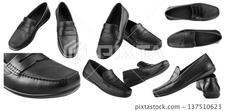 Set men's pair of black moccasins on isolated white background Set men's pair of black moccasins on isolated white background 137510623