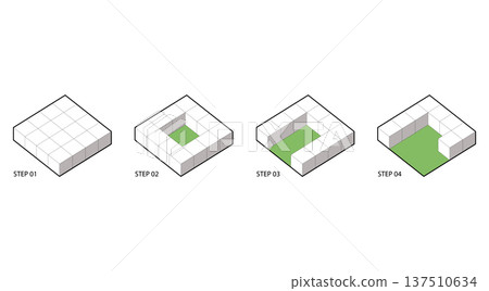 Isometric architectural massing diagram showing step by step building development. Minimal block transformation process for urban planning and design presentation. Isometric architectural massing diagram showing step by step building development. Minimal block transformation process for urban planning and design presentation. 137510634