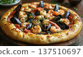 Delicious seafood pizza topped with shrimp, mussels, and herbs, served on a wooden board, showcasing vibrant colors and textures, perfect for culinary enthusiasts and food lovers 137510697
