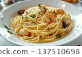 Delicious plate of spaghetti with shrimp, garnished with parsley, served in a white bowl, showcasing a vibrant and appetizing seafood pasta dish for culinary enthusiasts 137510698